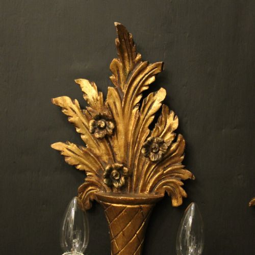FRENCH PAIR OF GILTWOOD TWIN ARM ANTIQUE WALL LIGHTS - ADDITIONAL PHOTO 3