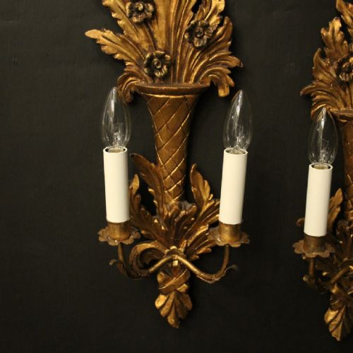 FRENCH PAIR OF GILTWOOD TWIN ARM ANTIQUE WALL LIGHTS - ADDITIONAL PHOTO 4
