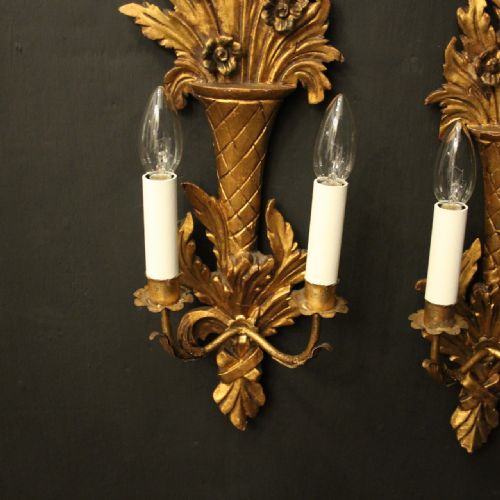 FRENCH PAIR OF GILTWOOD TWIN ARM ANTIQUE WALL LIGHTS - ADDITIONAL PHOTO 5