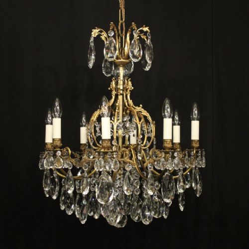 french gilded bronze crystal 8 light antique chandelier - CATEGORY: ANTIQUE LIGHTING - DATED 1920