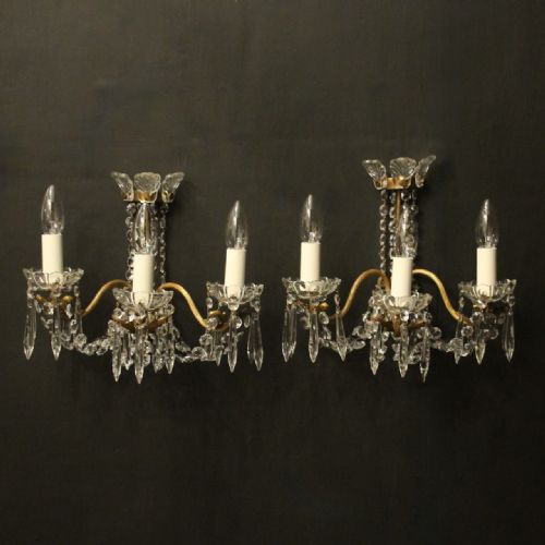 french pair of crystal triple arm antiques wall lights - CATEGORY: ANTIQUE LIGHTING - DATED 1920