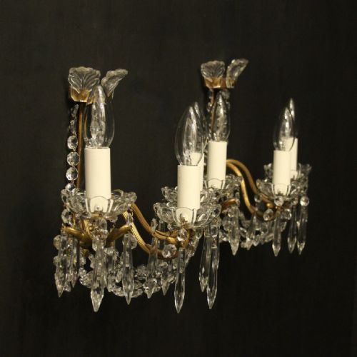 FRENCH PAIR OF CRYSTAL TRIPLE ARM ANTIQUES WALL LIGHTS - ADDITIONAL PHOTO 9