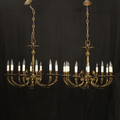 french pair of gilded brass 12 light chandeliers - CATEGORY: ANTIQUE LIGHTING - DATED 1930