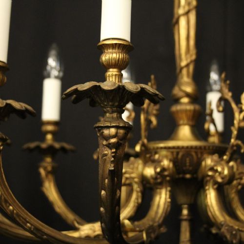 FRENCH PAIR OF GILDED BRASS 12 LIGHT CHANDELIERS - ADDITIONAL PHOTO 3