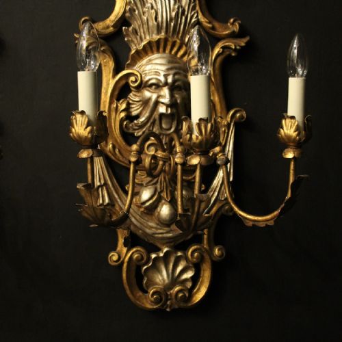 FRENCH LARGE PAIR GILTWOOD TRIPLE ARM ANTIQUE WALL LIGHTS - ADDITIONAL PHOTO 1