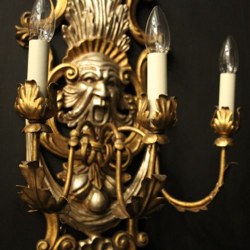 FRENCH LARGE PAIR GILTWOOD TRIPLE ARM ANTIQUE WALL LIGHTS - ADDITIONAL PHOTO 2