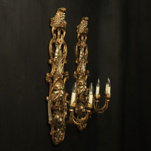 FRENCH LARGE PAIR GILTWOOD TRIPLE ARM ANTIQUE WALL LIGHTS - ADDITIONAL PHOTO 9