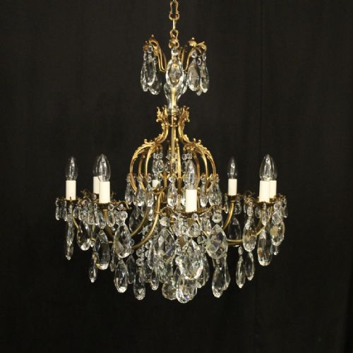 french gilded bronze crystal 8 light antique chandelier - CATEGORY: ANTIQUE LIGHTING - DATED 1920