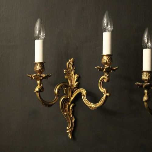 FRENCH PAIR OF GILDED TWIN ARM ANTIQUE WALL LIGHTS - ADDITIONAL PHOTO 1
