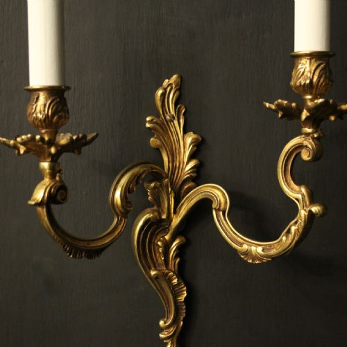 FRENCH PAIR OF GILDED TWIN ARM ANTIQUE WALL LIGHTS - ADDITIONAL PHOTO 2