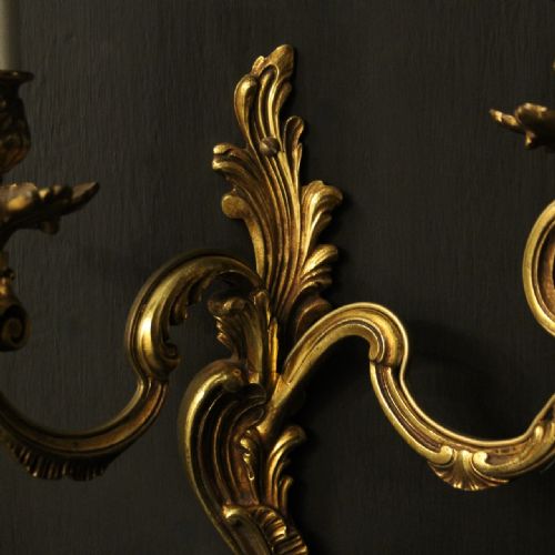 FRENCH PAIR OF GILDED TWIN ARM ANTIQUE WALL LIGHTS - ADDITIONAL PHOTO 4