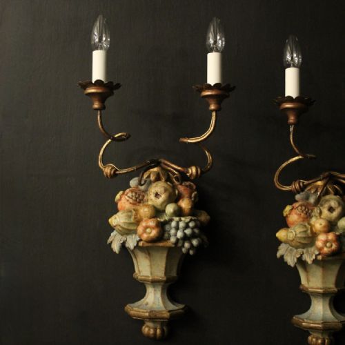 ITALIAN POLYCHROME TWIN ARM WOODEN ANTIQUE WALL SCONCES - ADDITIONAL PHOTO 1