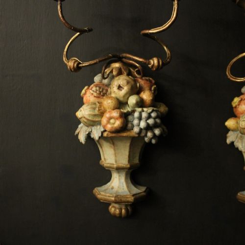 ITALIAN POLYCHROME TWIN ARM WOODEN ANTIQUE WALL SCONCES - ADDITIONAL PHOTO 2