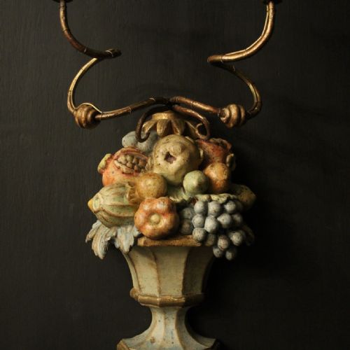 ITALIAN POLYCHROME TWIN ARM WOODEN ANTIQUE WALL SCONCES - ADDITIONAL PHOTO 5
