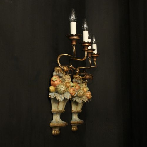 ITALIAN POLYCHROME TWIN ARM WOODEN ANTIQUE WALL SCONCES - ADDITIONAL PHOTO 9