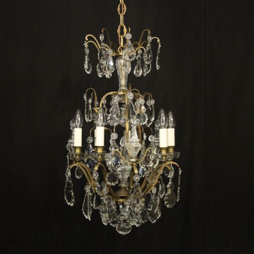 french gilded bronze crystal 6 light antique chandelier - CATEGORY: ANTIQUE LIGHTING - DATED 1910