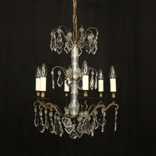 french brass crystal 6 light antique chandelier - CATEGORY: ANTIQUE LIGHTING - DATED 1930