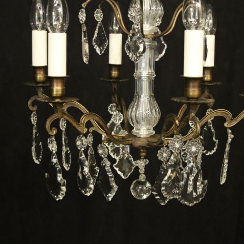 FRENCH BRASS CRYSTAL 6 LIGHT ANTIQUE CHANDELIER - ADDITIONAL PHOTO 1