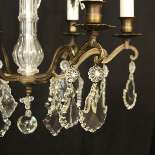 FRENCH BRASS CRYSTAL 6 LIGHT ANTIQUE CHANDELIER - ADDITIONAL PHOTO 4