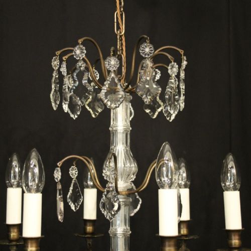 FRENCH BRASS CRYSTAL 6 LIGHT ANTIQUE CHANDELIER - ADDITIONAL PHOTO 7