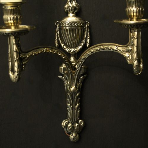 FRENCH PAIR OF BRASS TWIN ARM ANTIQUE WALL LIGHTS - ADDITIONAL PHOTO 2