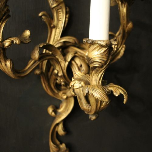 FRENCH GILDED BRONZE TRIPLE ARM ANTIQUE WALL SCONCES - ADDITIONAL PHOTO 1