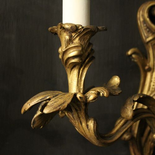 FRENCH GILDED BRONZE TRIPLE ARM ANTIQUE WALL SCONCES - ADDITIONAL PHOTO 2