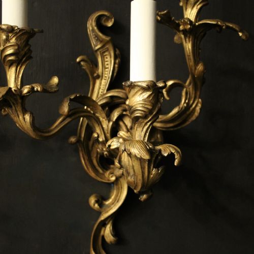 FRENCH GILDED BRONZE TRIPLE ARM ANTIQUE WALL SCONCES - ADDITIONAL PHOTO 3