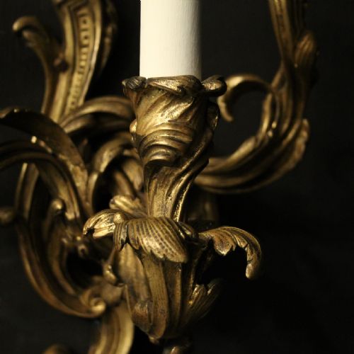 FRENCH GILDED BRONZE TRIPLE ARM ANTIQUE WALL SCONCES - ADDITIONAL PHOTO 4