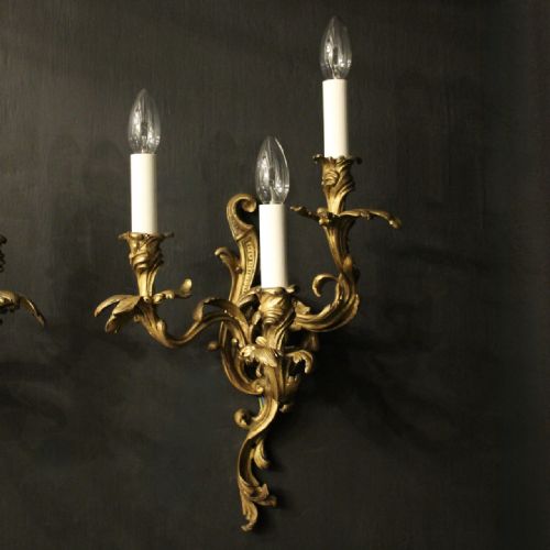 FRENCH GILDED BRONZE TRIPLE ARM ANTIQUE WALL SCONCES - ADDITIONAL PHOTO 5