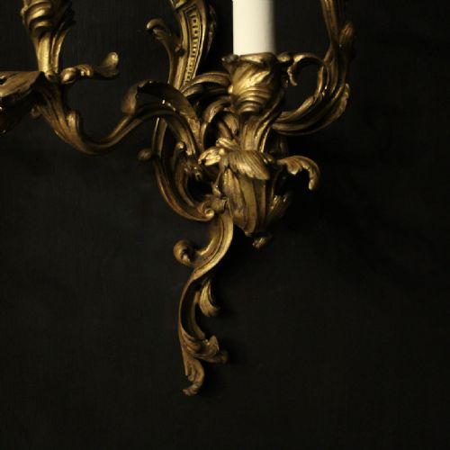 FRENCH GILDED BRONZE TRIPLE ARM ANTIQUE WALL SCONCES - ADDITIONAL PHOTO 7