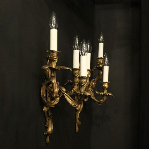 FRENCH GILDED BRONZE TRIPLE ARM ANTIQUE WALL SCONCES - ADDITIONAL PHOTO 9