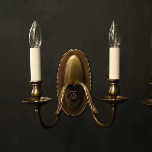 ENGLISH PAIR OF BRASS TWIN ARM ANTIQUE WALL LIGHTS - ADDITIONAL PHOTO 1