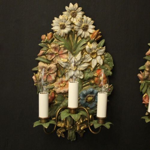 FRENCH POLYCHROME FLORAL TRIPLE ARM WALL LIGHTS - ADDITIONAL PHOTO 1