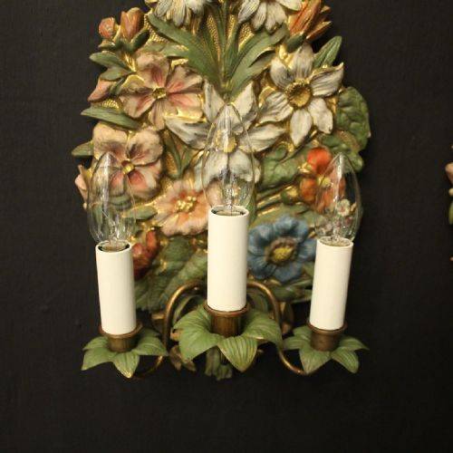 FRENCH POLYCHROME FLORAL TRIPLE ARM WALL LIGHTS - ADDITIONAL PHOTO 2