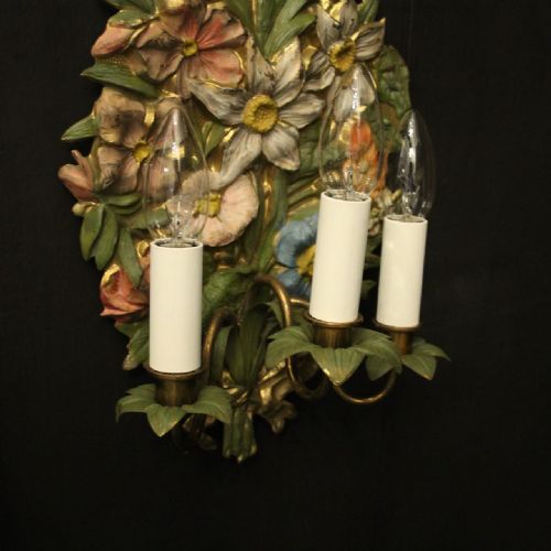 FRENCH POLYCHROME FLORAL TRIPLE ARM WALL LIGHTS - ADDITIONAL PHOTO 3