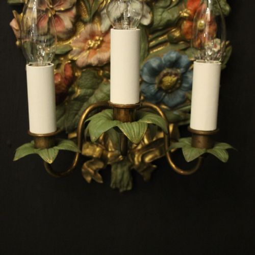 FRENCH POLYCHROME FLORAL TRIPLE ARM WALL LIGHTS - ADDITIONAL PHOTO 6
