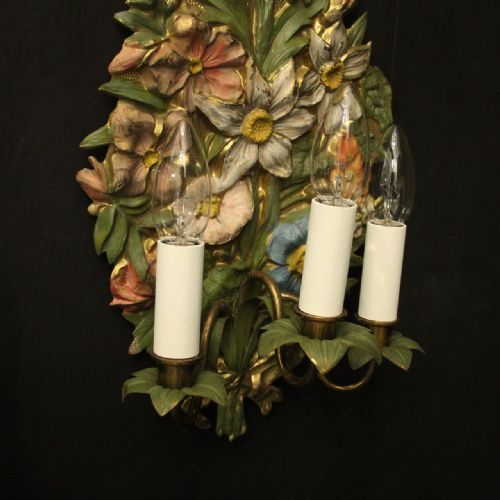 FRENCH POLYCHROME FLORAL TRIPLE ARM WALL LIGHTS - ADDITIONAL PHOTO 7