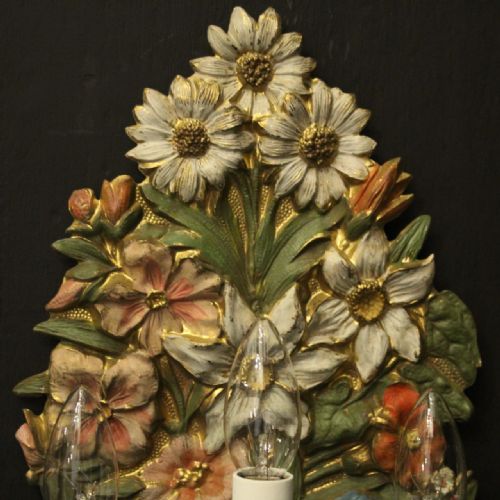 FRENCH POLYCHROME FLORAL TRIPLE ARM WALL LIGHTS - ADDITIONAL PHOTO 8