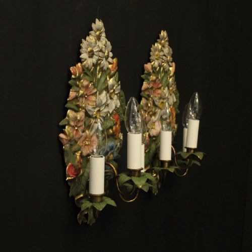 FRENCH POLYCHROME FLORAL TRIPLE ARM WALL LIGHTS - ADDITIONAL PHOTO 9