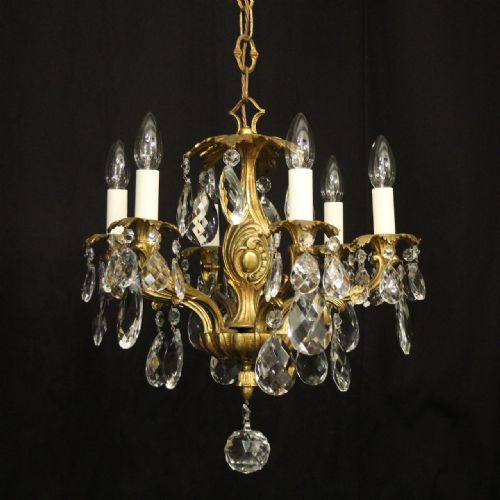 french gilded bronze crystal 6 light antique chandelier - CATEGORY: ANTIQUE LIGHTING - DATED 1920