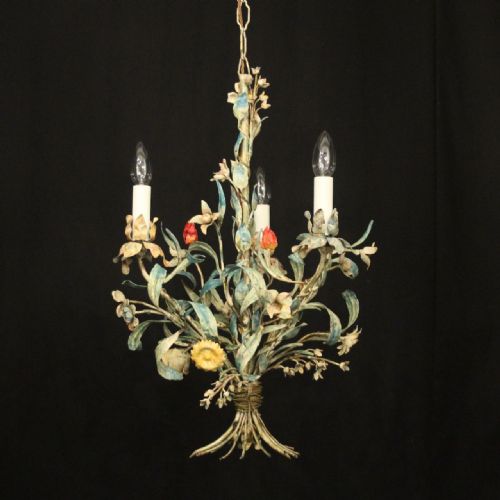 french toleware triple light antique chandelier - CATEGORY: ANTIQUE LIGHTING - DATED 1930