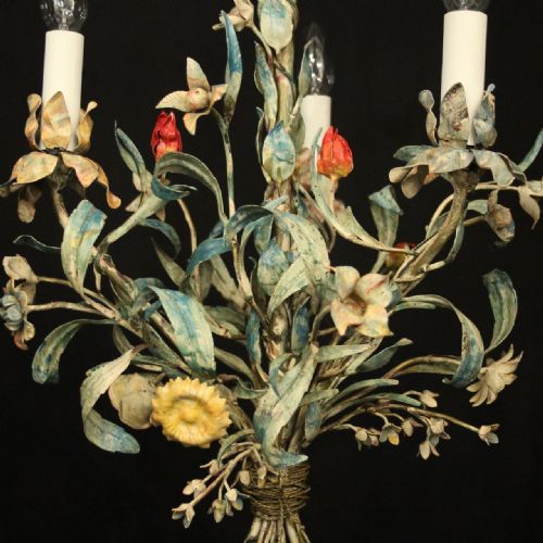 FRENCH TOLEWARE TRIPLE LIGHT ANTIQUE CHANDELIER - ADDITIONAL PHOTO 2