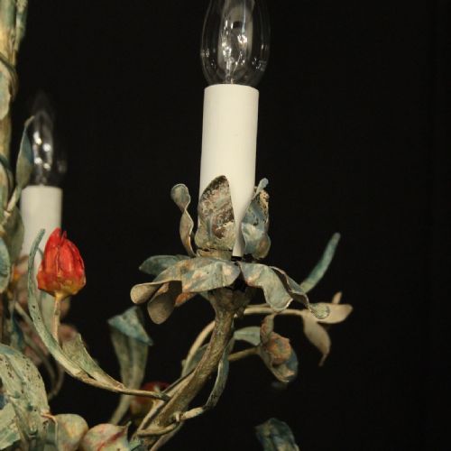 FRENCH TOLEWARE TRIPLE LIGHT ANTIQUE CHANDELIER - ADDITIONAL PHOTO 3