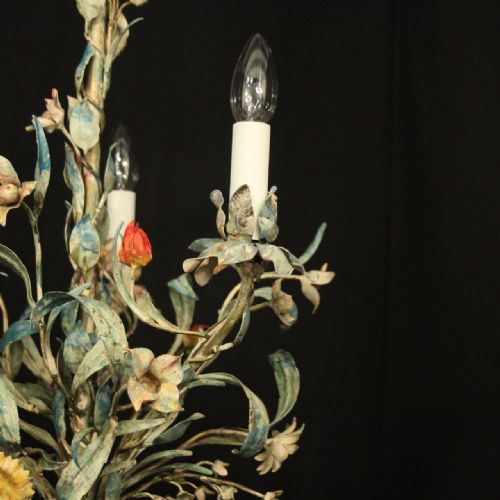 FRENCH TOLEWARE TRIPLE LIGHT ANTIQUE CHANDELIER - ADDITIONAL PHOTO 4