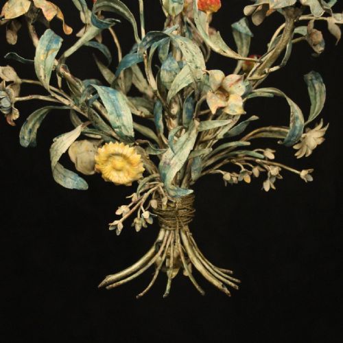 FRENCH TOLEWARE TRIPLE LIGHT ANTIQUE CHANDELIER - ADDITIONAL PHOTO 7
