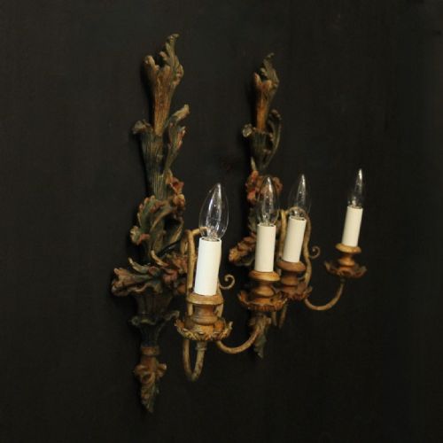 ITALIAN PAIR OF POLYCHROME GILDED ANTIQUE WALL LIGHTS - ADDITIONAL PHOTO 9