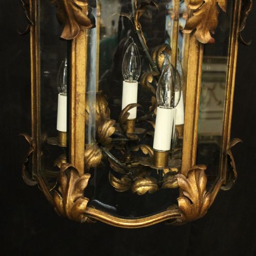 FRENCH GILDED TOLEWARE 4 LIGHT ANTIQUE LANTERN - ADDITIONAL PHOTO 2