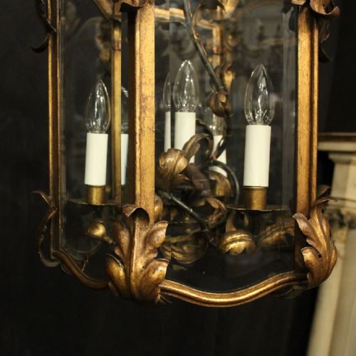 FRENCH GILDED TOLEWARE 4 LIGHT ANTIQUE LANTERN - ADDITIONAL PHOTO 5
