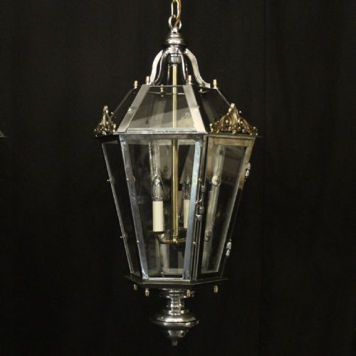 FRENCH PAIR STEEL BRASS HEXAGONAL ANTIQUE LANTERNS - ADDITIONAL PHOTO 1